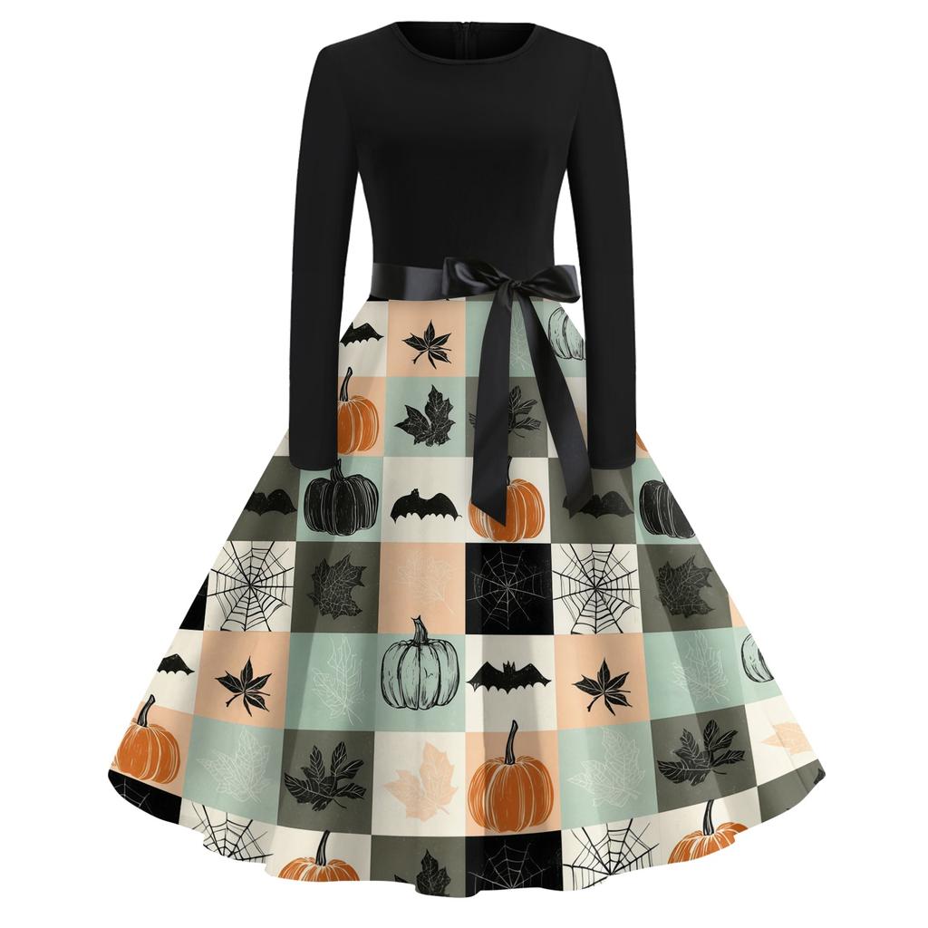 Women's Casual Halloween Print Dress Long Sleeve Round Neck Vintage Style Midi Dress with Waist Tie for Seasonal Festive Wear