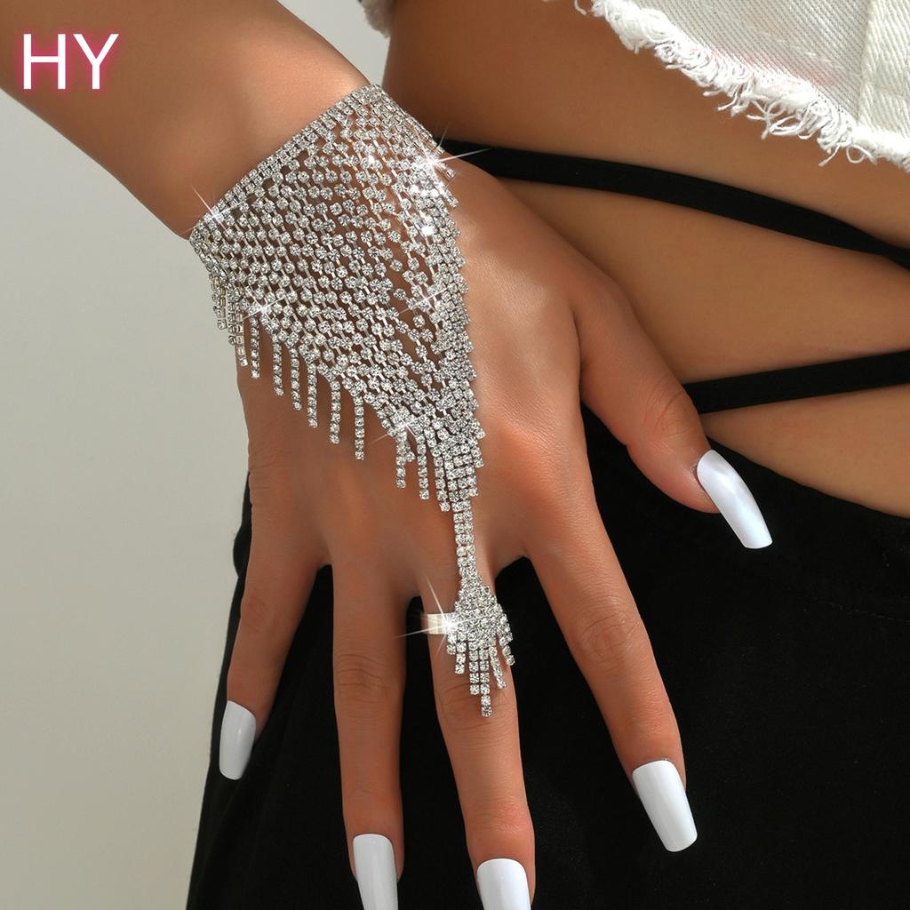HY Wedding Party Crystal Long Tassel Chain Bracelet Hand Chain Finger Ring Bracelet Rhinestone Ring Bracelet for Women Teen