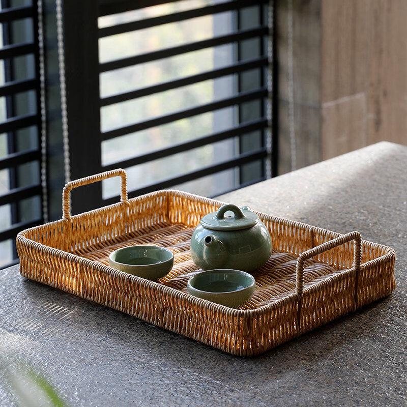 Imitation Rattan Woven Storage Tray with Handle