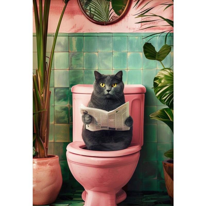 Trendy Bathroom Cat Pooping Reading In The Toilet Animal Canvas Painting Wall Art Print Bathroom Home WC Decor