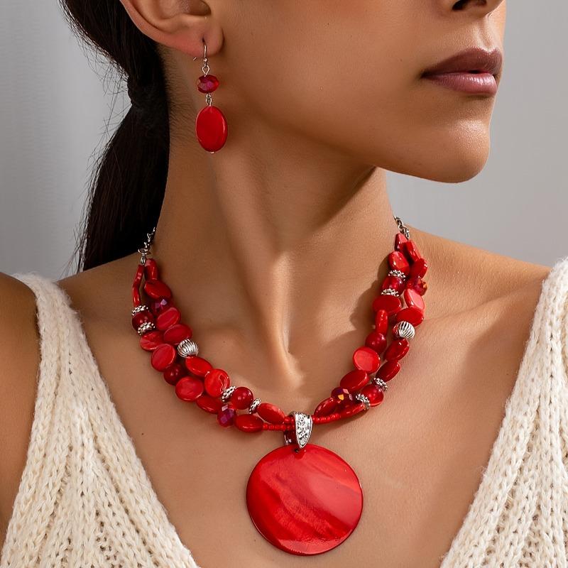 3PCS Bohemian Ethnic Style Exaggerated Personality Red Round Pendant Earring Necklace Women's Holiday Party Accessories