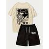 Summer Men's Tokyo Anime Pattern Printed Short-sleeved + Drawstring Waist Shorts 2-piece Set