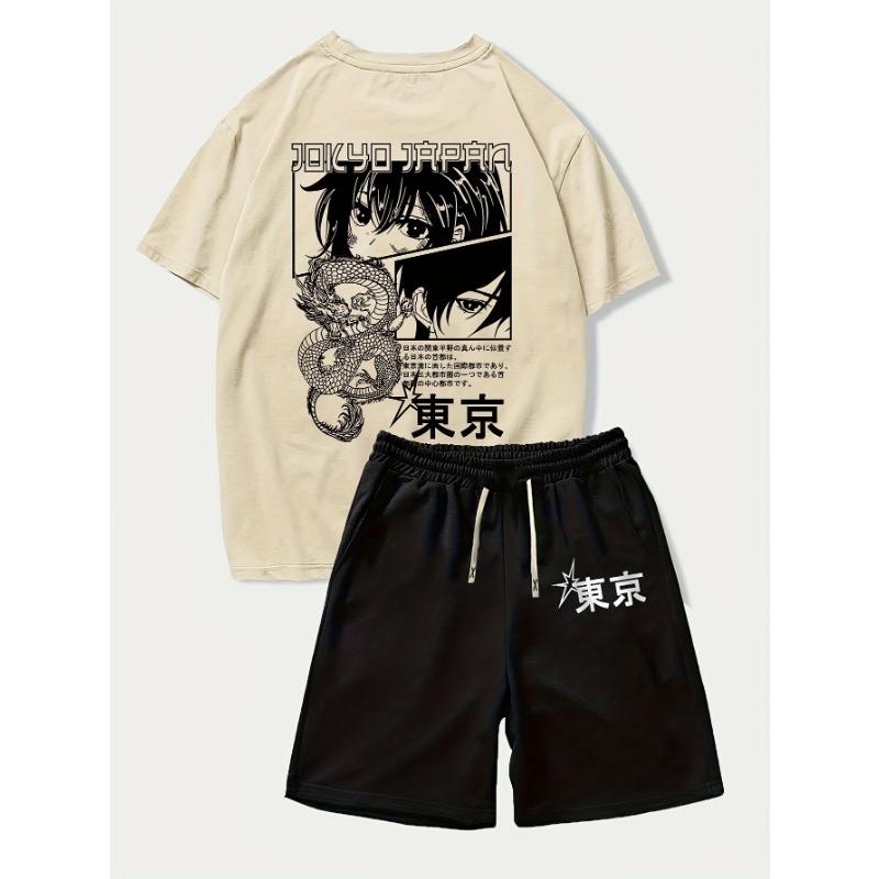 

Summer men s Tokyo anime pattern printed short-sleeved + drawstring waist shorts 2-piece set S