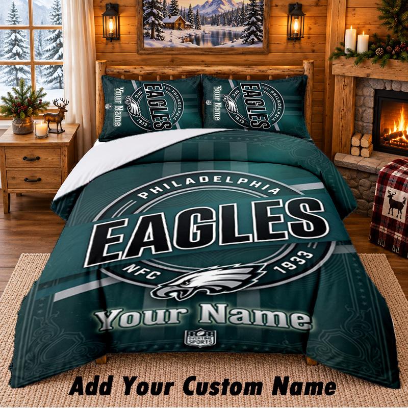 Philadelphia Eagles Pattern Bedding 3Pcs Set Custom Name, Bed Sheet And Pillowcases For Home Bedroom