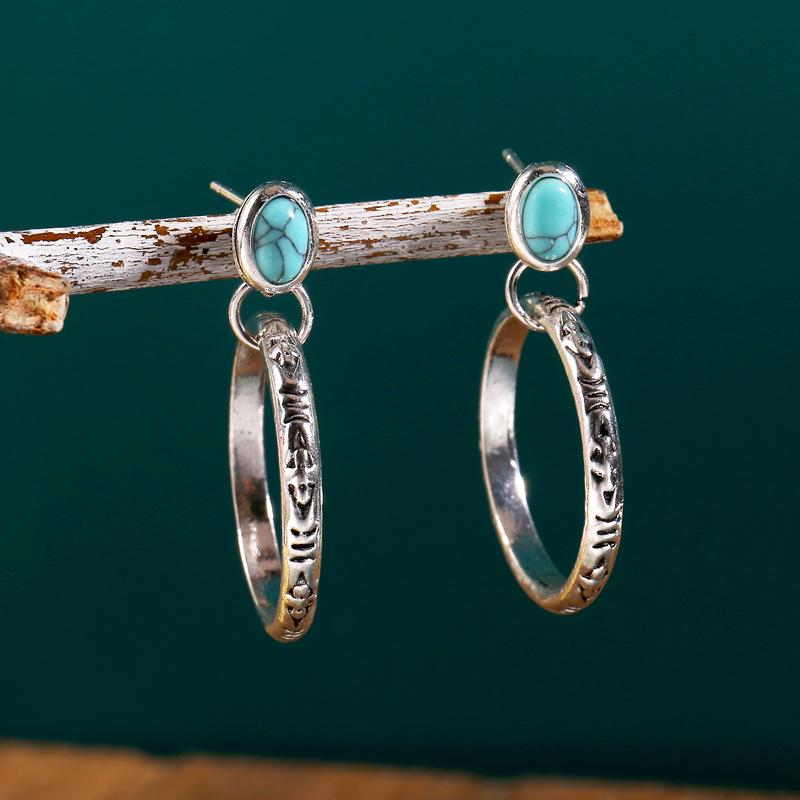 Retro Metal Engraved Circle Earrings with Turquoise Inlay