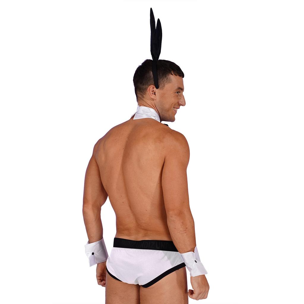 Mens Lingerie Set Bowknot Briefs Bunny Ears Headband Bowtie Collar Cuffs Halloween Costume