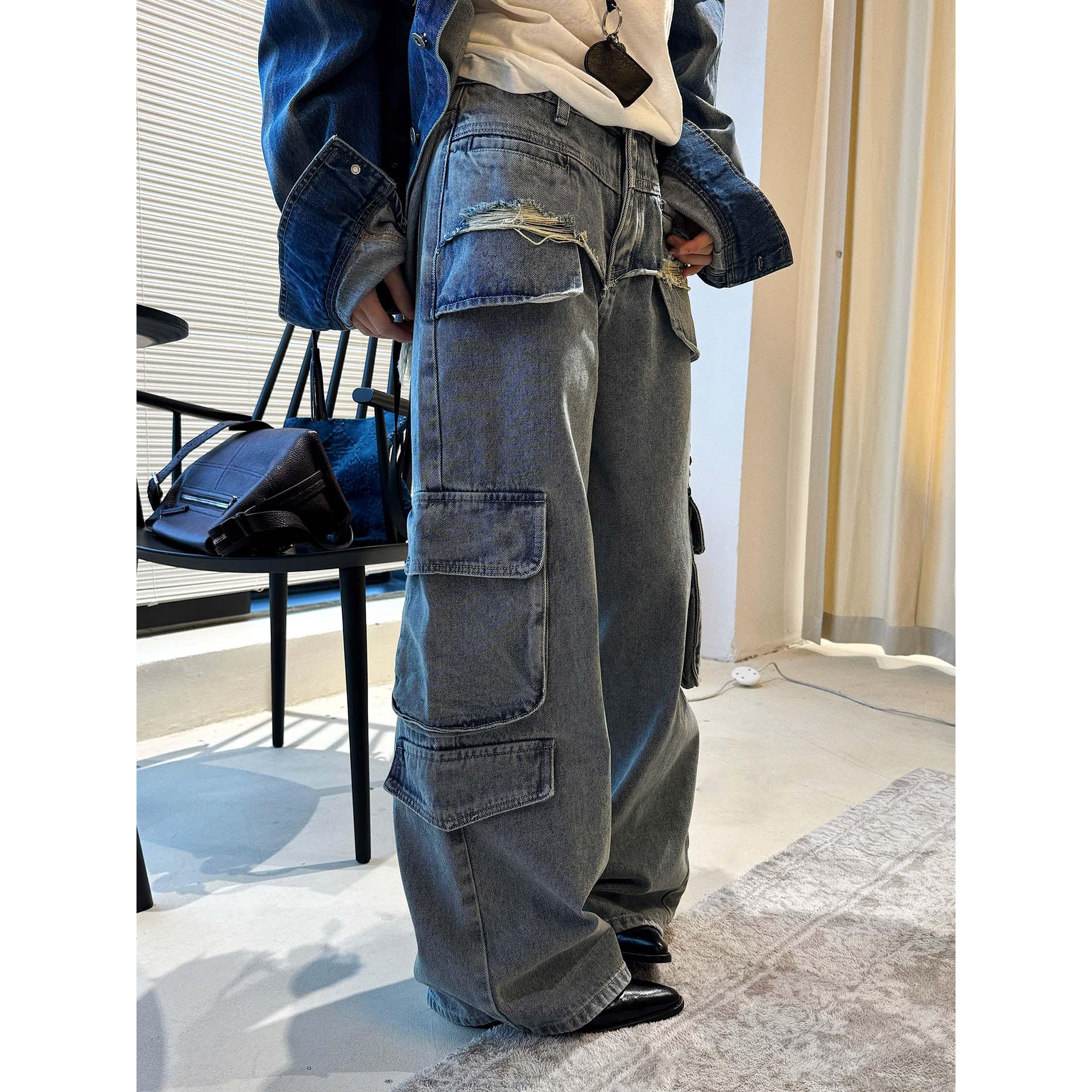 Xu Man Women s Spring Retro Street Style Ripped Patchwork Multi-Pocket Loose Fit Jeans. L