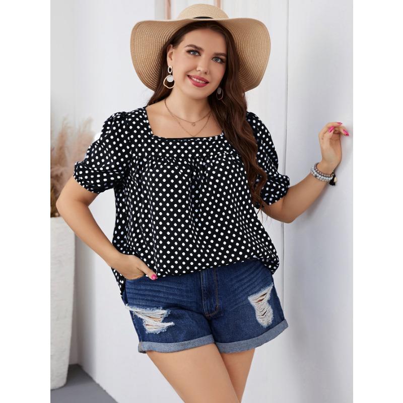 Sommer Herbst Damen Chiffon Kurz Rundhals Bluse Karomuster Temperament Pendler Polka Dot Hemd XL-4XL