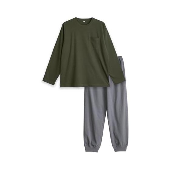 Men's pajamas, 100% cotton T-shirt fabric, soft, comfortable, top and bottom set, long sleeve, plain, spring, summer, fall, all year round