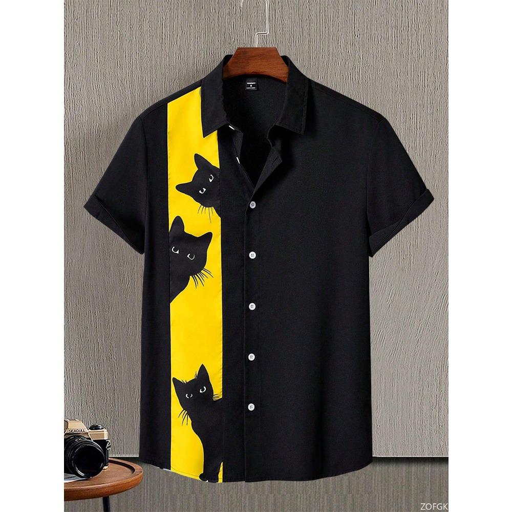 

Summer Hawaiian Beach Shirt Fashion Men s Animal Cat Print Shirt Retro Casual Street Clothing Men s Summer Unisex Short Sleeve Top S