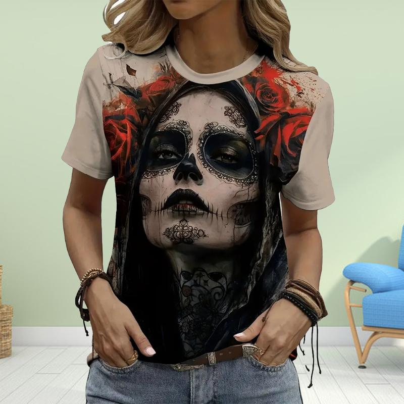 

Fashion Women Painted Skeleton Beauty Print T Shirt Funny Casual O-neck Short Sleeves T-shirt Summer Female Tee Shirt 8XL дубильна кора