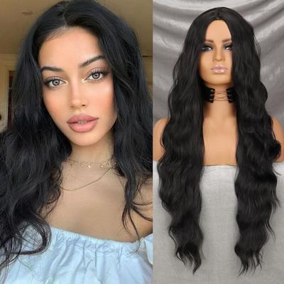 Long Wavy Black Wig Women Synthetic Heat-Resistant Fiber Natural Cosplay Party Lolita Long Wavy Wig