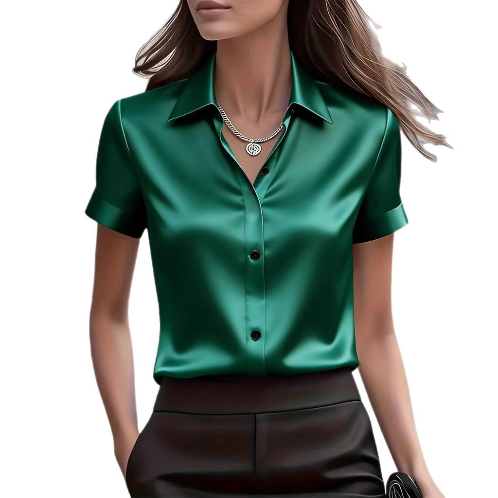 Moda e eleganza femminile in raso europeo e americano, camicia bianca in raso con scollo a V e maniche corte, temperamento da pendolare, vestibilità slim
