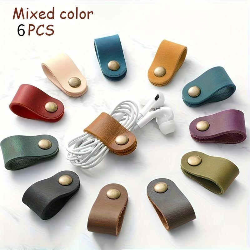 6pcs PU leather cable and earphone cord straps, no batteries, available in various colors, durable and flexible.