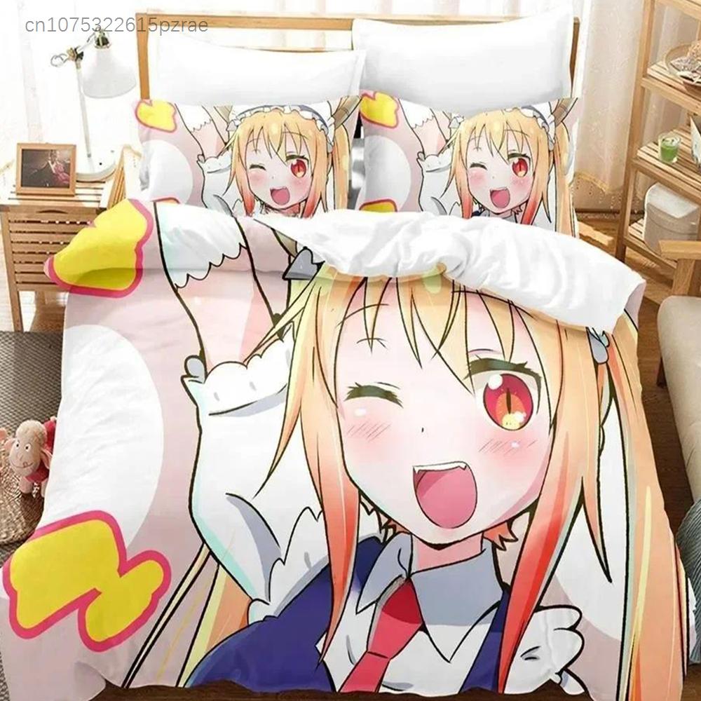 3D Kawaii Girl Miss Kobayashi's Dragon Maid Bedding Set Anime three-piece Set Adult Kid Bedroom Duvet Cover Sets Home Textiles