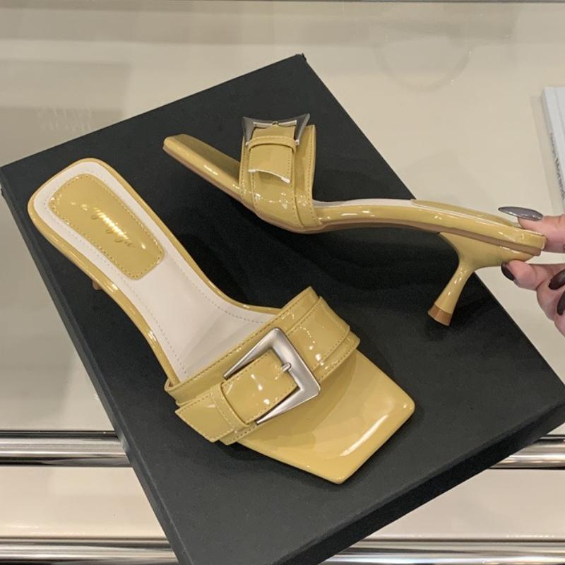 

Fashion Patent Leather Buckle Design Brand Slippers Women Fashion Open Toe Thin Heel Slide Sandals Elegant Comfortable High Heel Sandals 39 жёлтый