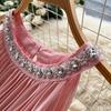 Elegant Beaded Studded Halter Strapless A-line Loose Dress for Women Sweet Pink Sleeveless Lace-up Pleated Dress Holiday Summer Dress