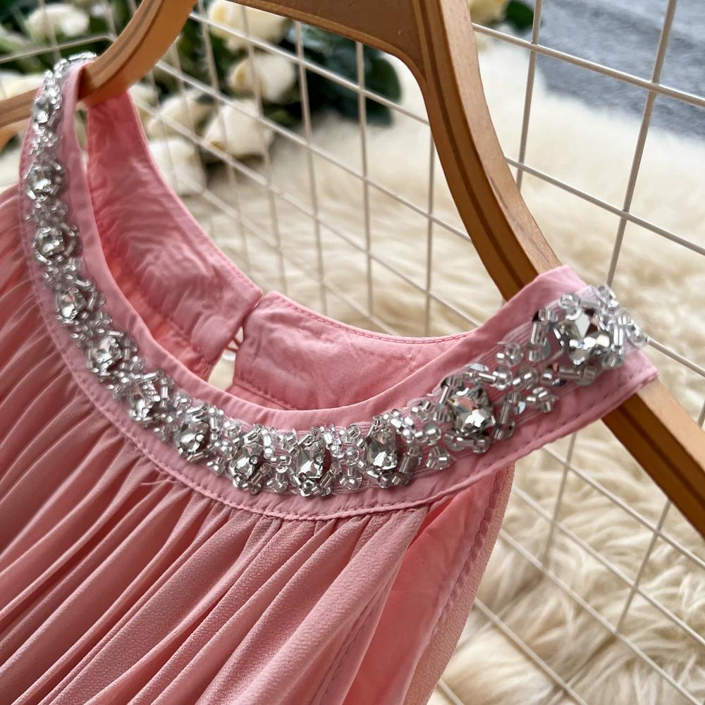 Elegant Beaded Studded Halter Strapless A-line Loose Dress for Women Sweet Pink Sleeveless Lace-up Pleated Dress Holiday Summer Dress