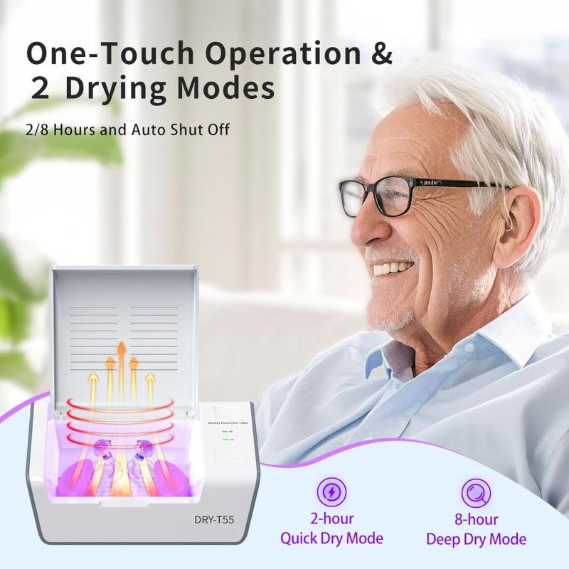 Hörgeräte Trockner Entfeuchter, Doppelte Trocknungsmodusauswahl, Reinigungsset für die Trockenbox, Entfernt Schweiß & Feuchtigkeit für Hörgeräte, Verstärker, Ohrstöpsel