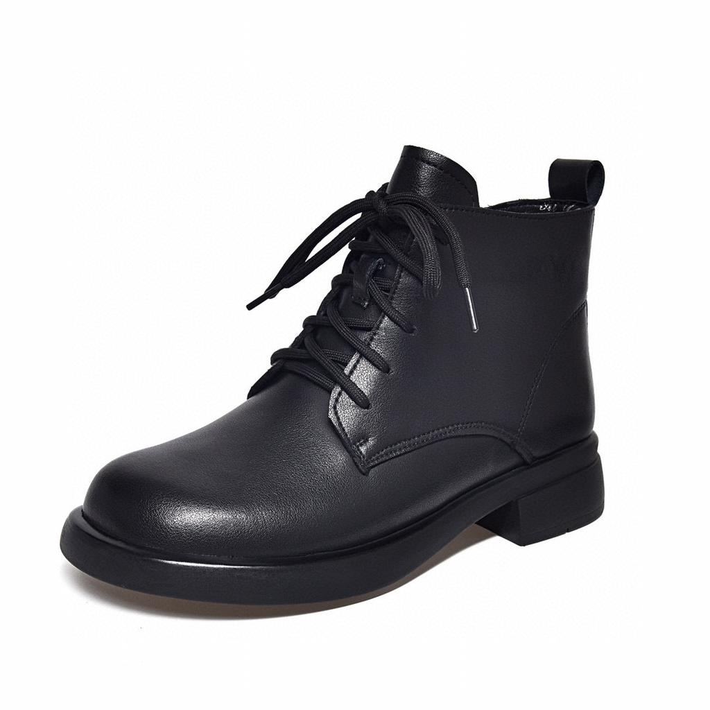 Martin boots women's 2025 autumn and winter new round head flat bottom cowhide short boots comfortable casual British style women's cotton boots lea