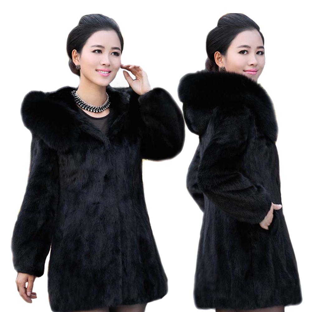 Women's Mid-Length Faux Mink Coat with Hood and Fox Fur Collar - Korean Style