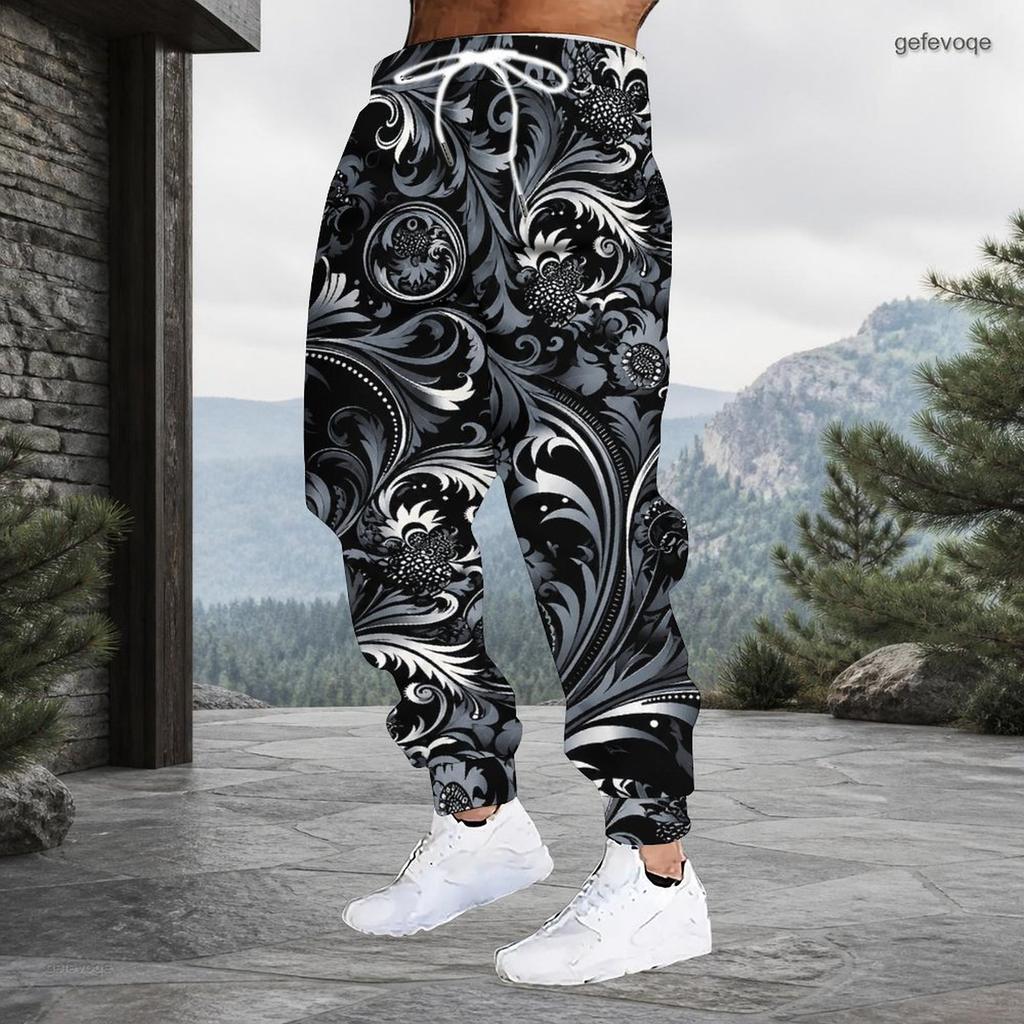 Men Plus Size Red Paisley Printed Drawstring Waist Jogger Pants Side Pockets Cuffed Ankle