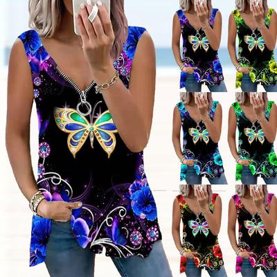 Frauen Top Sommer Neue Mode Garten Schmetterling Gedruckt Casual Plus Größe Ärmellose Zipper V-ausschnitt Top Tank Top