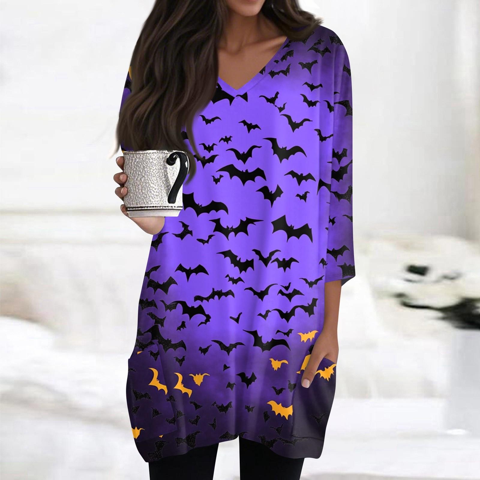 

Женские топы с V-образным вырезом и рукавом 3/4, повседневные блузки средней длины, модные туники с принтом на Хэллоуин и карманами XL