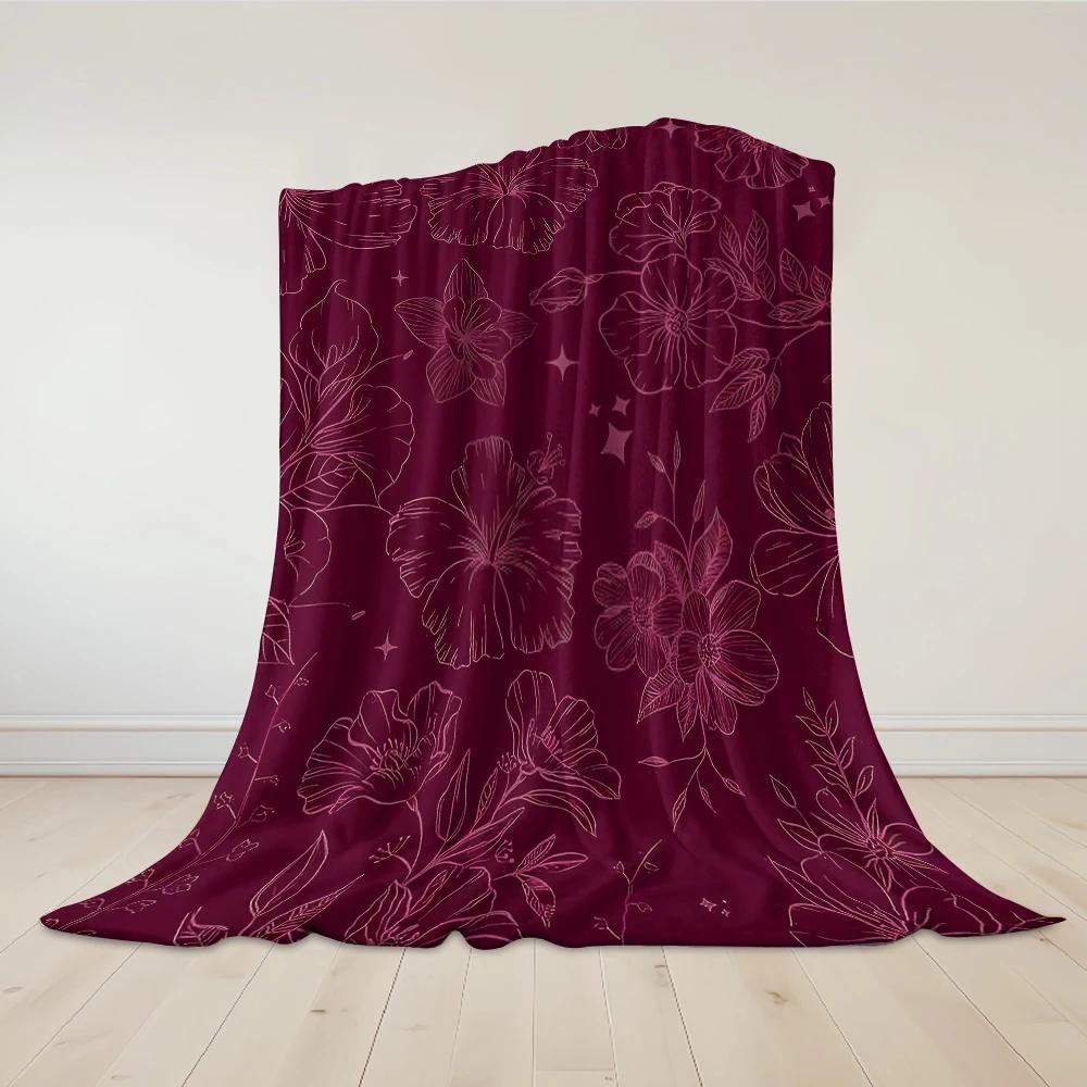 Burgundy Blooms Flannel Blanket Warm Soft Halloween Christmas Couch Warm Cozy Decorative Decor Gift for All Season