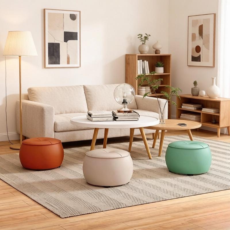 Luxury Pumpkin Round Stool, Minimalist Low Ottoman for Living Room Entryway