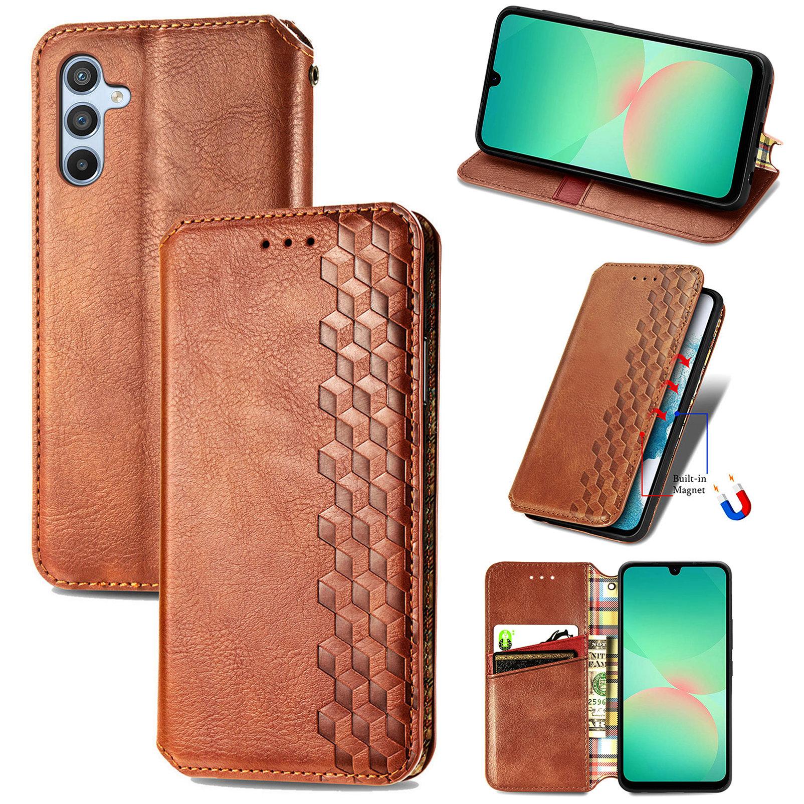 

For Samsung Galaxy A26 5G Case Rhombus Imprint PU Leather Wallet Phone Cover Brown