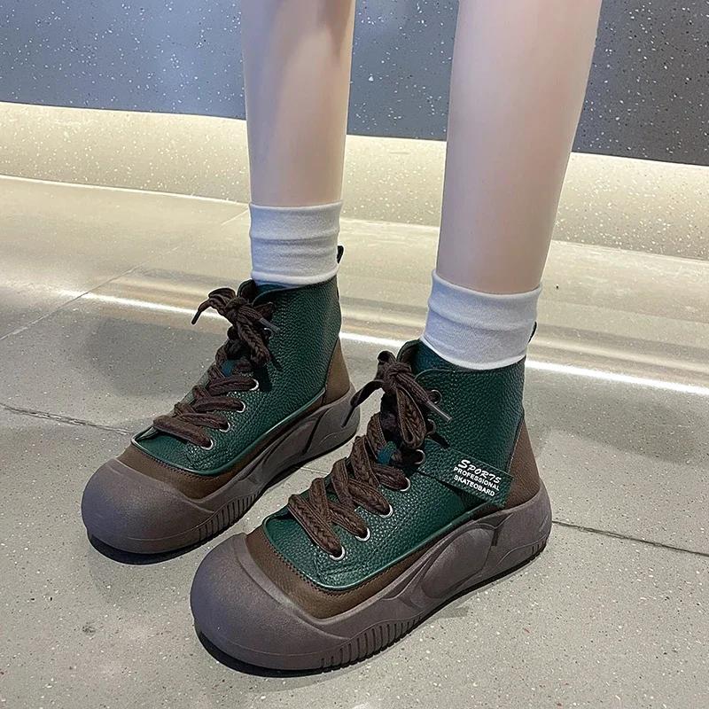 Fashion Spring Autumn New Women's Sport Shoes Fashion Tide Ankle Boots Retro Round Toe Lace Up Comfort Thick Sole Sneaker Botas De Mujer