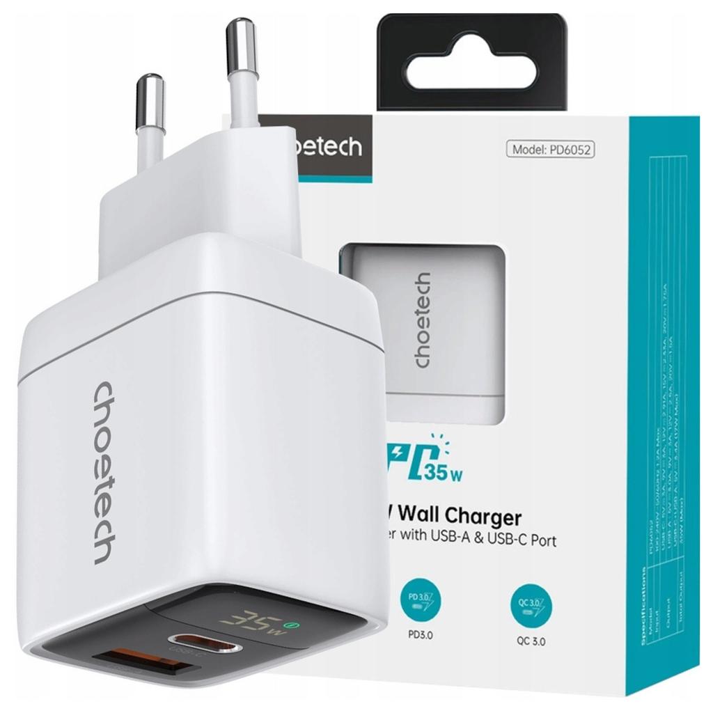 Ładowarka Sieciowa Choetech Pd6052 Usb-C Usb-A Pd 35W Gan Z Wyświetlaczem - Biała