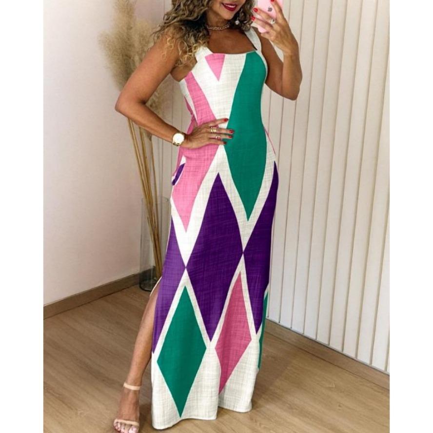 YYFS Women's Fashion Summer Spring Colour Block Print Sleeveless Square Collar High Waist Casual Dresses