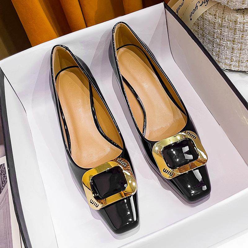 High Heels Women's Stiletto 2025 New Women's Shoes Fruit Green Metal Buckle Square Head Shallow Mouth French Small High Heel Single Shoes