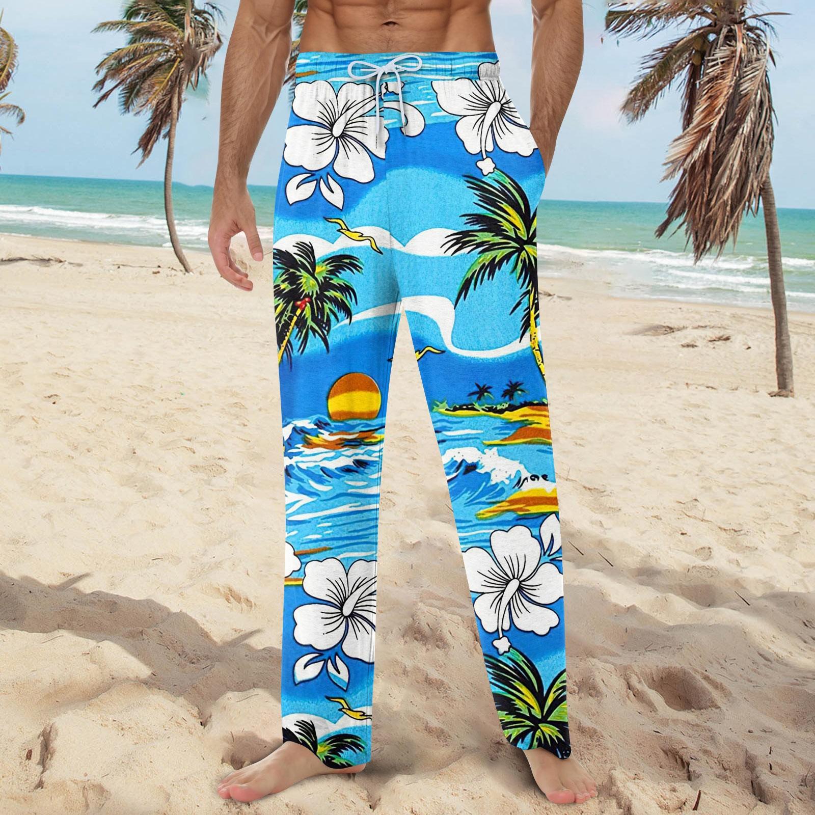 

Мужские мягкие домашние пижамные штаны с гавайским принтом, повседневные спортивные штаны с завязками XS небесно-голубой