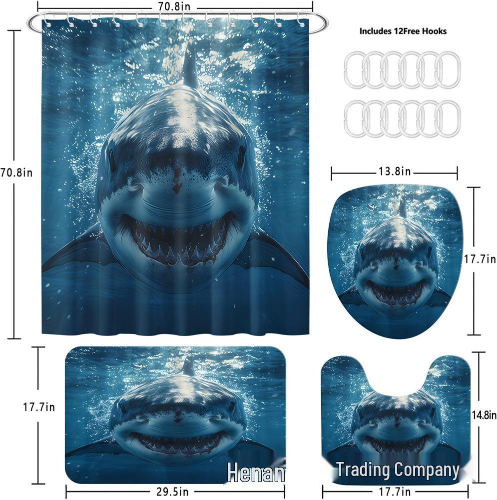 Shark Print Shower Curtain Set with 12 Hooks - Bathroom Decoration Accessories