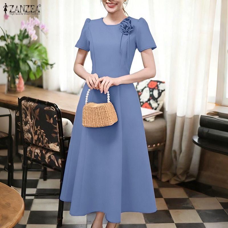 ZANZEA Robe d'été élégante à col rond et manches courtes décontractée pour femme