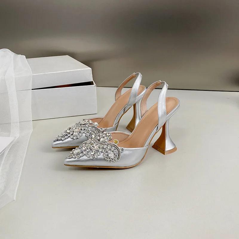 Fashion Strange Style Pointed Toe High Heels Mules Sandals Summer Fashion Crystal Rhinestone Party Wedding Banquet Shoes Pumps