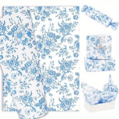 1 juego/ 20 piezas Papel de Seda Floral Azul de Tamaño Grande, Papel de Envoltura de Regalo, Papel de Arte Floral Azul y Blanco Vintage para Manualidades DIY