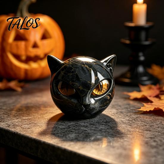 Spooky Shelf Decoration Spherical Black Cat Head Ornament, Resin Gothic Style Sculpture with Colorful Collectible Art Eyes for Halloween Tabletop