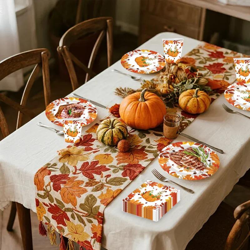 10-20Pcs Thanksgiving Paper Plates Napkins Cups Straw Turkey Pumpkin Fall Harvest Party Decorating Supplies Disposable Tableware