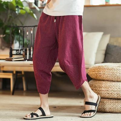Men's Summer Loose Casual Chinese Ethnic Style Seven-minute Trousers Youth Retro Striped Design Lantern Trousers