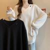 Spring Autumn V-neck Solid Color Long Sleeve T-shirt Women Loose Casual Simple All-match Pullover Tee Top