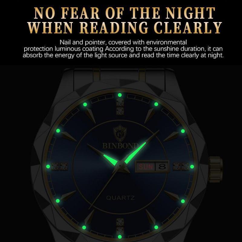 BINBOND Fashion Quartz Watch Ultra Thin Diamond Business Gold Watches Rhombic Three Dimensional Design Stainless Steel Luminous Watches with Gift Box