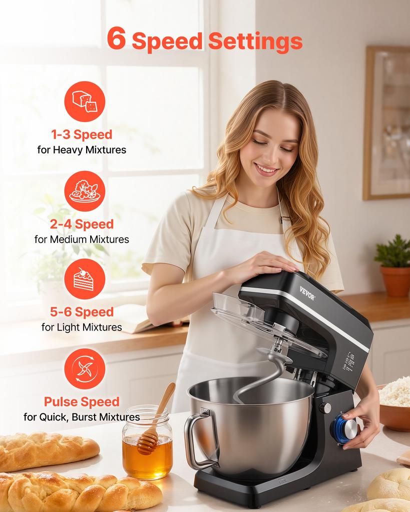 VEVOR Stand Mixer, 8.3QT Dough Mixer, 1400W 6+P Speeds Tilt-head Food Mixer with Stainless Steel Bowl, Dough Hook, Wire Whip, Flat Beater, Scraper