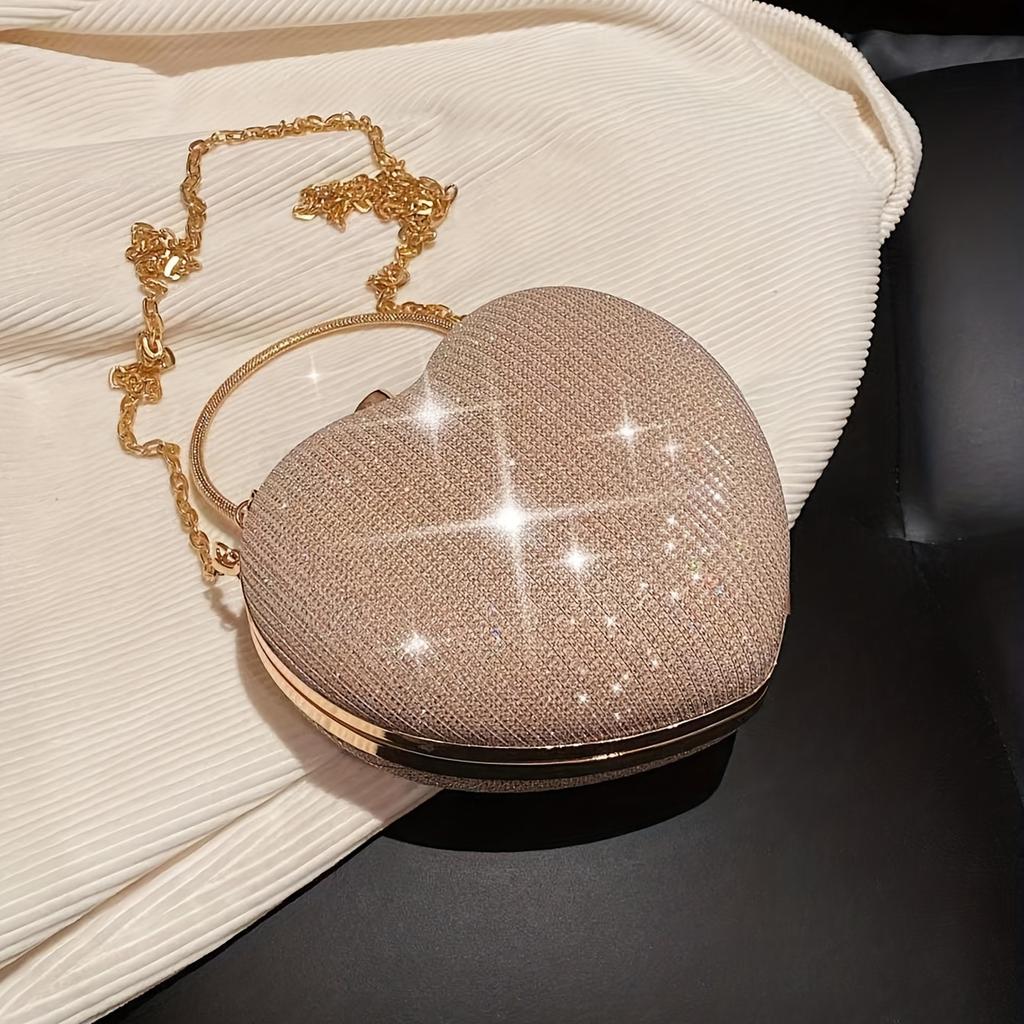 Mini Heart Shaped Prom Purse, Glitter Chain Crossbody Bag, Women's Box Handbag For Wedding & Party For Carnaval Use