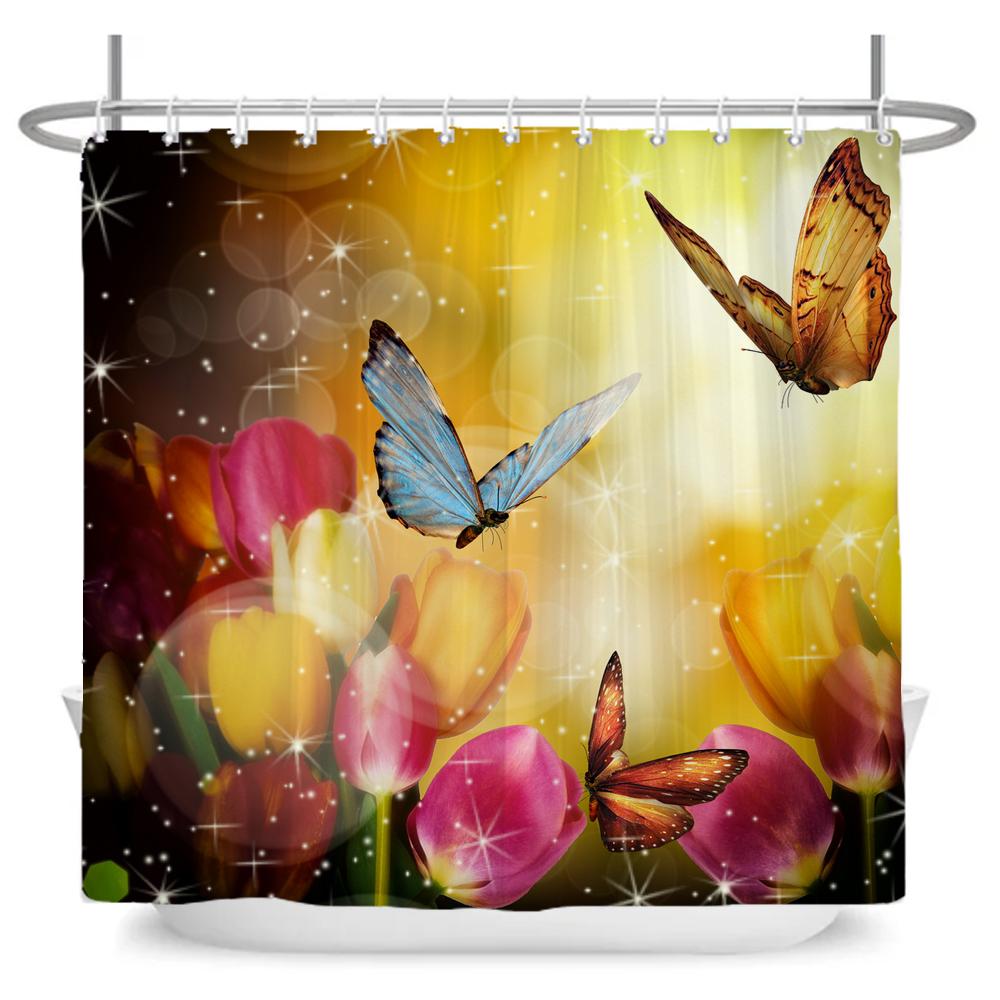 Beautiful Tulip Rose Flowers Shower Curtain Bathroom Curtains Nature Flower Waterproof Polyeste Fabric Bathtub Decor With Hook