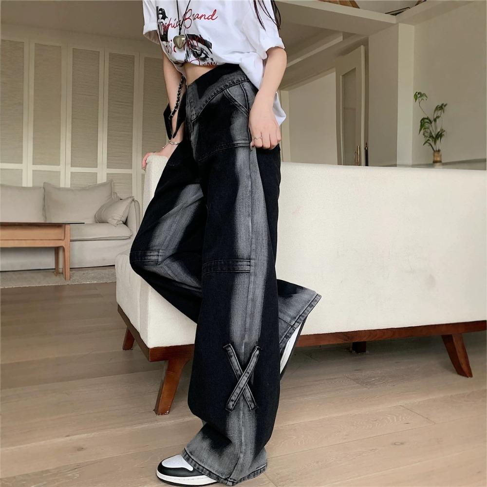 Women's High Waist Wide Leg Jeans Loose Fit Gradient Washed Panel Strap Non Stretch Black Denim Trousers