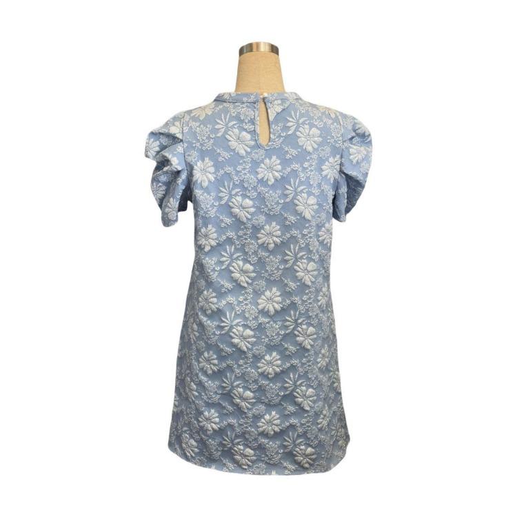 Women Summer Vintage Dresses Textured Jacquard Round Neck Bubble Sleeve New Style
